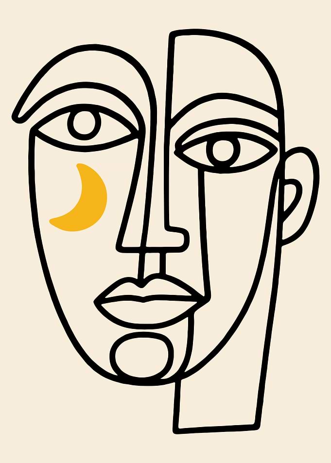 Abstract Face Line Art with Moon