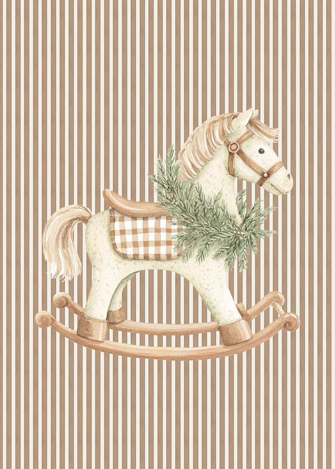 Watercolor Rocking Horse with Christmas Wreath