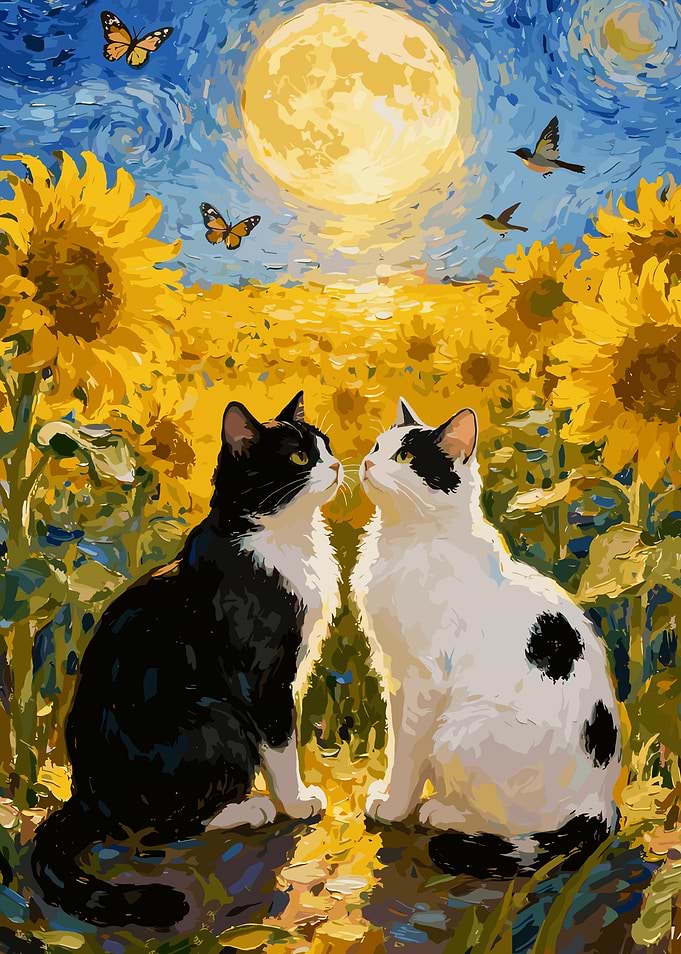 Cats in Sunflower Field under Moonlight