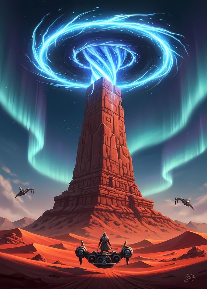 Energy Tower in Red Desert with Spaceships and Hovercraft Explorer