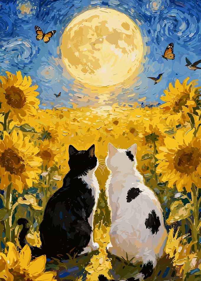 Cats in Sunflower Field under Moonlight