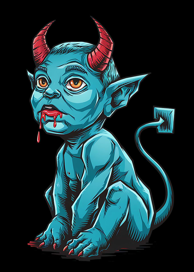 Cartoonish Blue Devil with Red Horns