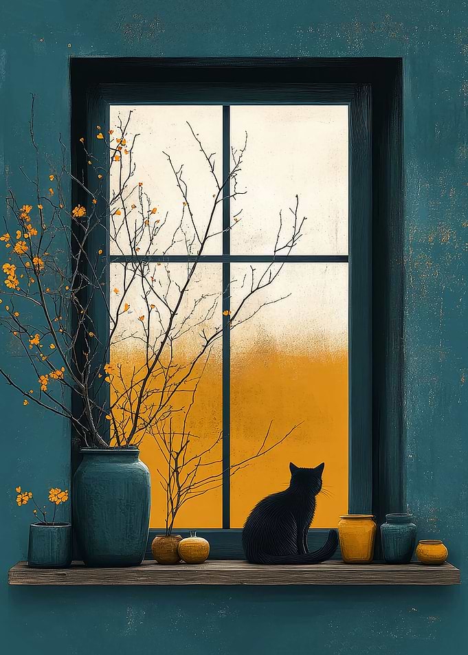 Black Cat by Window Still Life