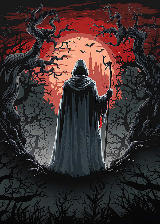 Dark Fantasy Art: Mysterious Hooded Figure in a Haunted Forest with Blood Moon