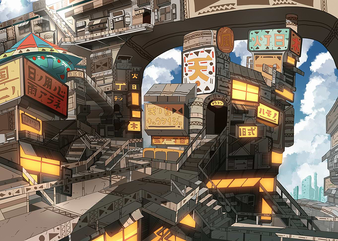 Anime Cityscape with Japanese Signs