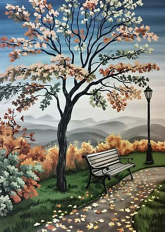 Autumn Park Bench Landscape Painting