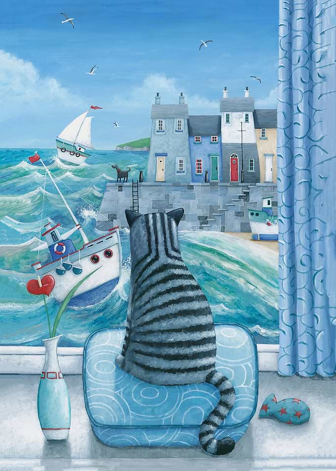 Cat Gazing at Coastal Scene Painting