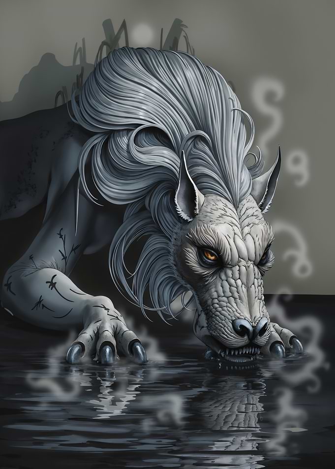 Gray Wolf-like Creature Drinking Water