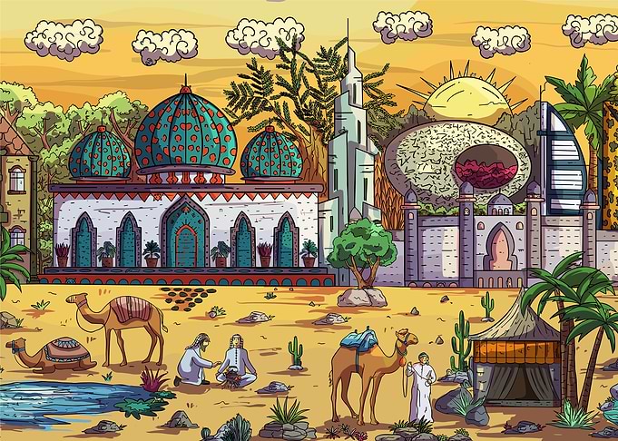 Cartoon Middle Eastern Landscape Illustration