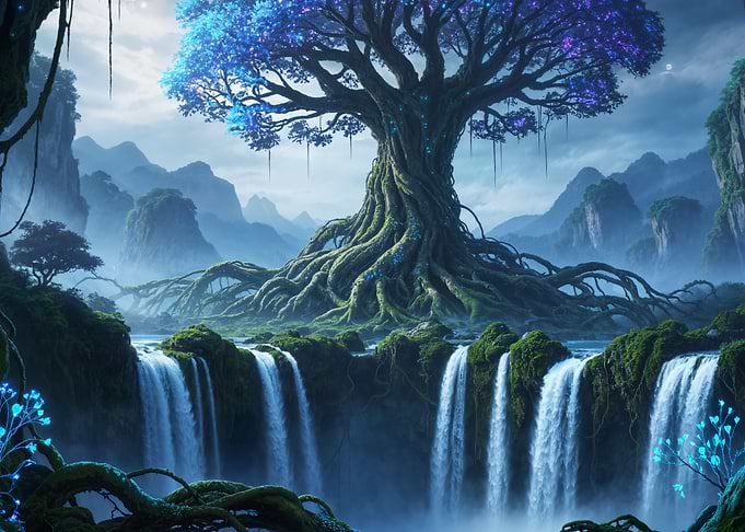 Mystical Tree and Waterfalls Landscape