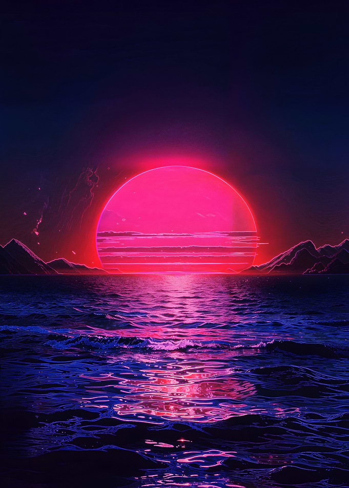 Magenta Solstice - Synthwave Retro Sunset Over Midnight Sea