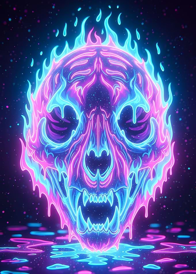 Neon Tiger Skull with Flames Digital Art