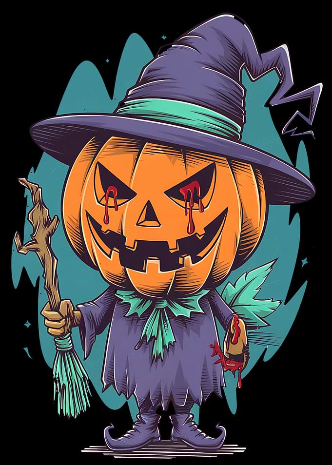 Spooky Pumpkin Character with Witch Hat