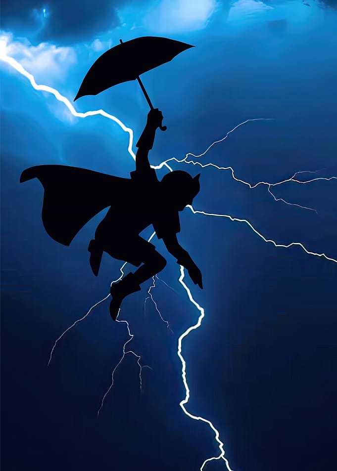 Silhouette of Character Flying with Umbrella