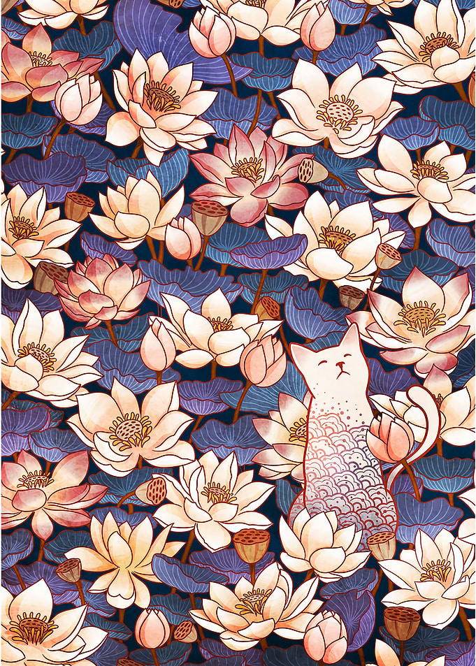 Cat among the Lotus Flowers