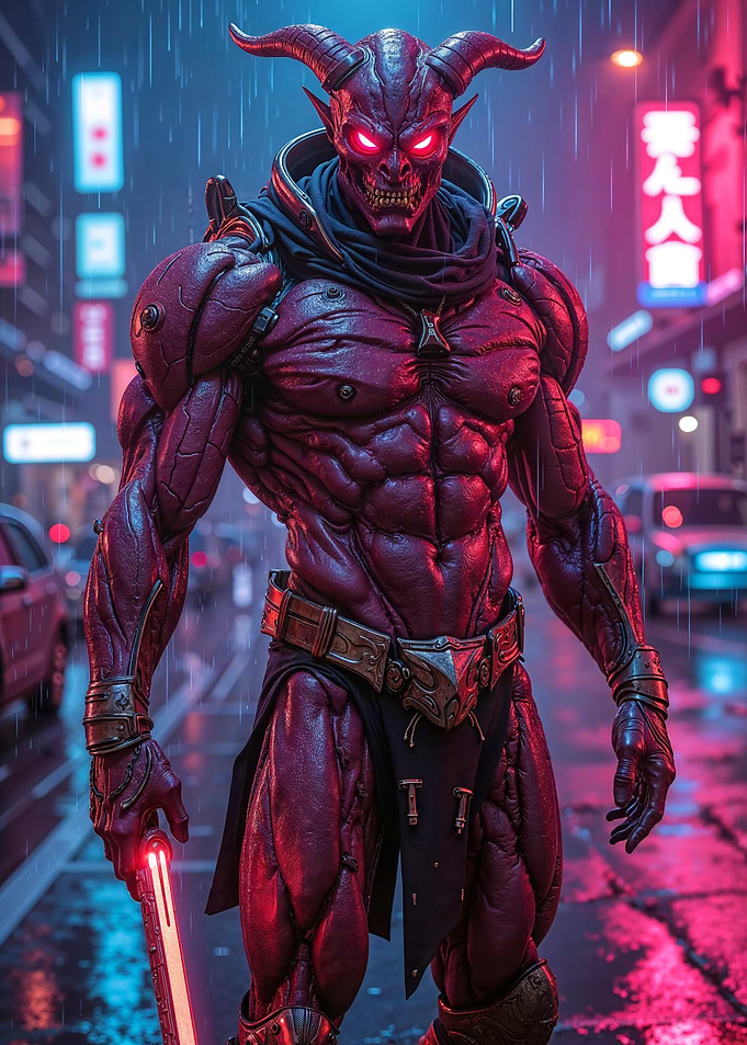 Cyberpunk Demon in Rainy Cityscape