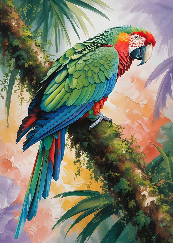 Colorful Parrot on Mossy Branch
