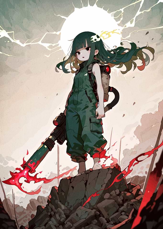 Anime Girl with Weapon in Wasteland