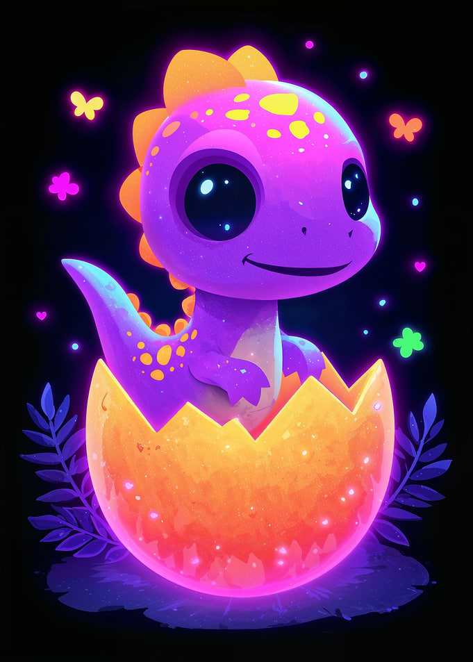 Cute Neon Dinosaur Hatching from Egg