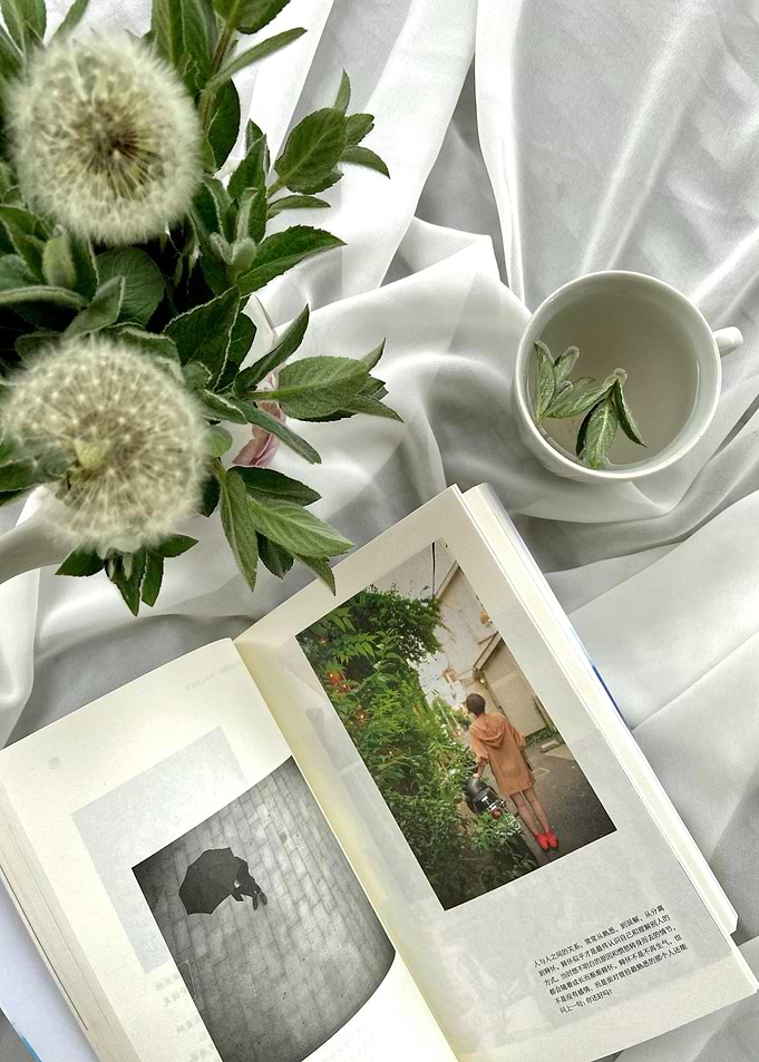 Still life with book, flowers, and tea