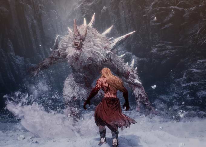 Warrior Facing a Monster in Snowy Landscape