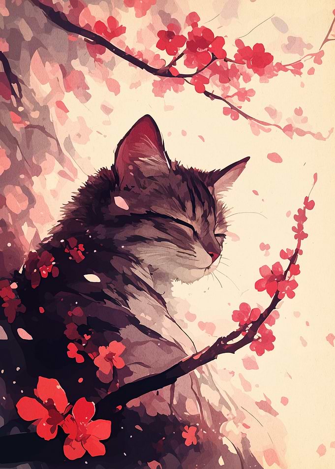 Cat with Cherry Blossoms Illustration