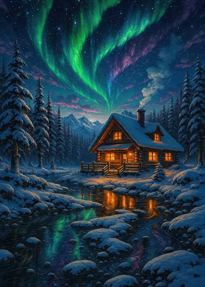 Winter Cabin Under Aurora Borealis