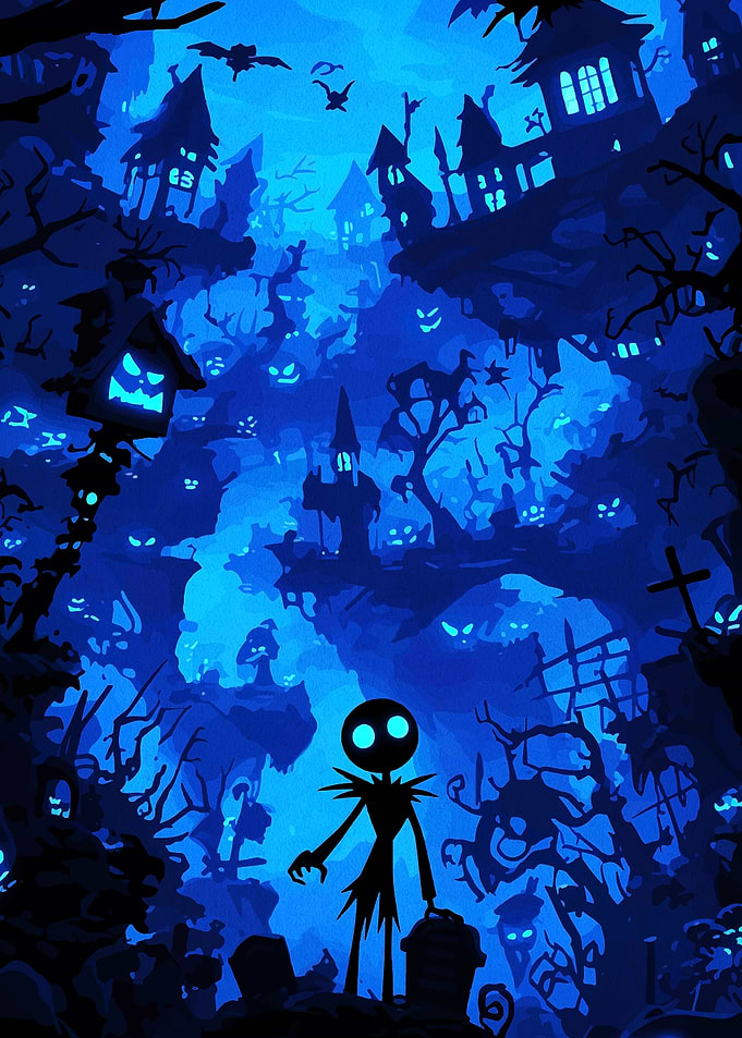 Spooky Blue Halloween Town Illustration
