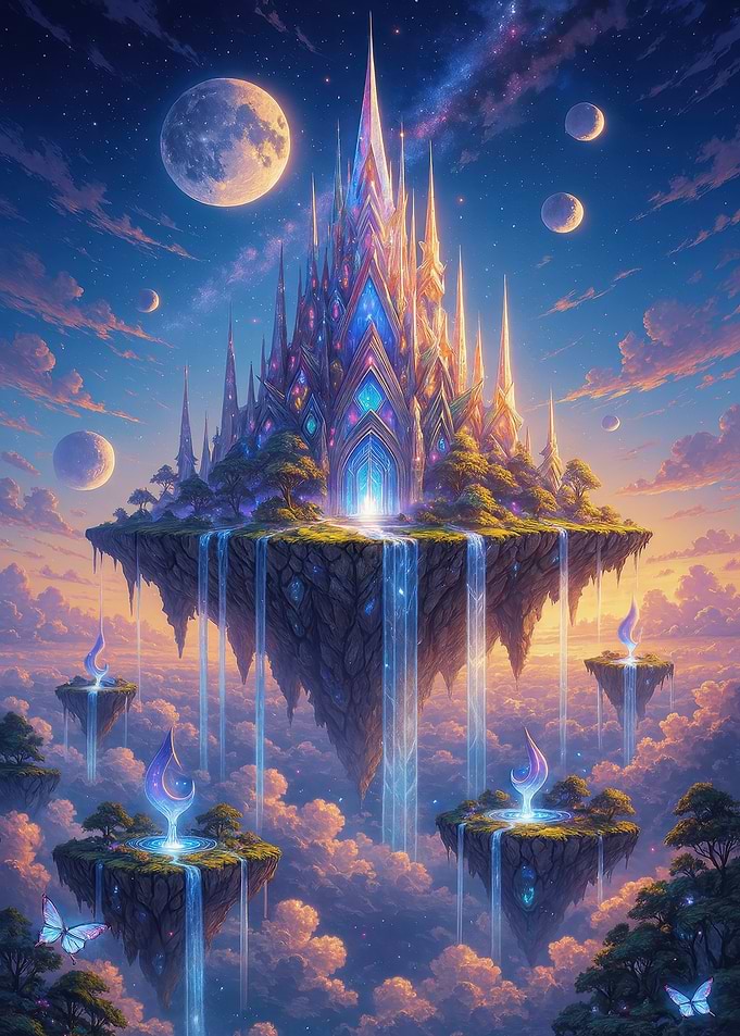 Fantasy Floating Island Castle with Waterfalls