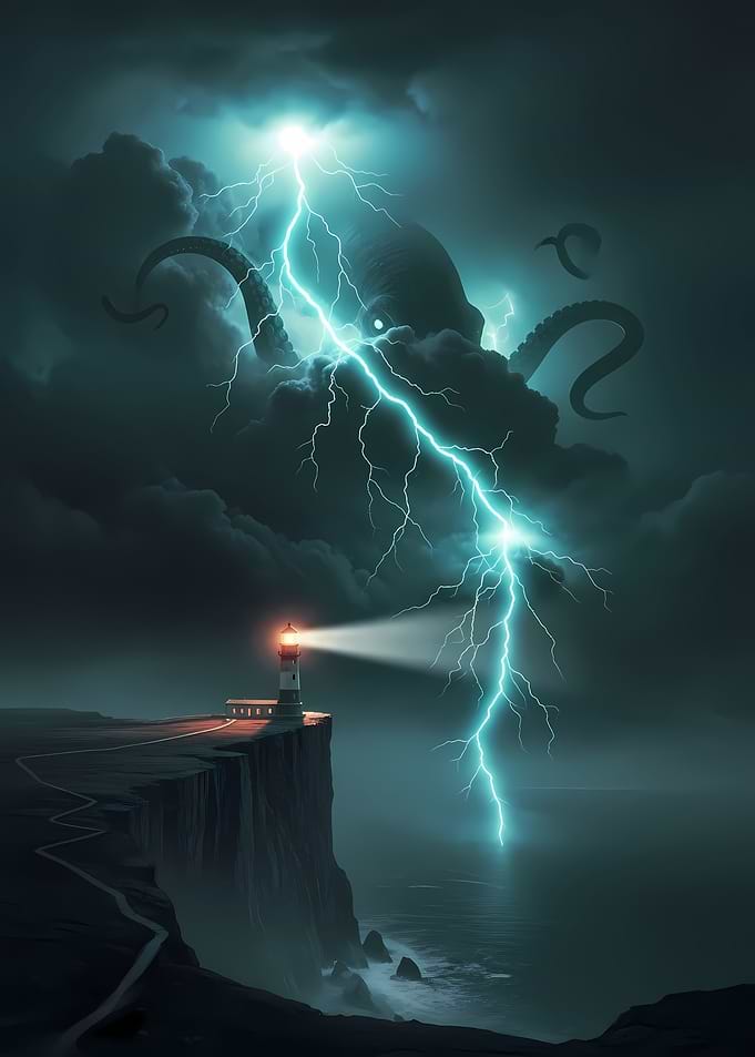 Giant Octopus Rising Over Lighthouse in Stormy Lightning Sky