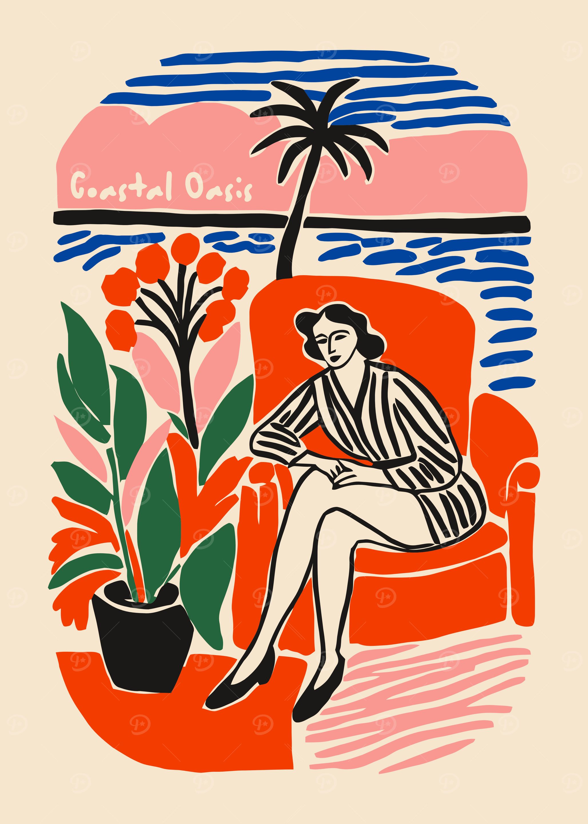 Coastal Oasis Illustration with Woman