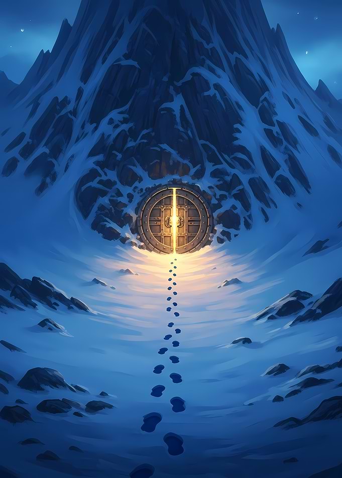 Mystical Snowy Mountains with Glowing Doorway and Footprints