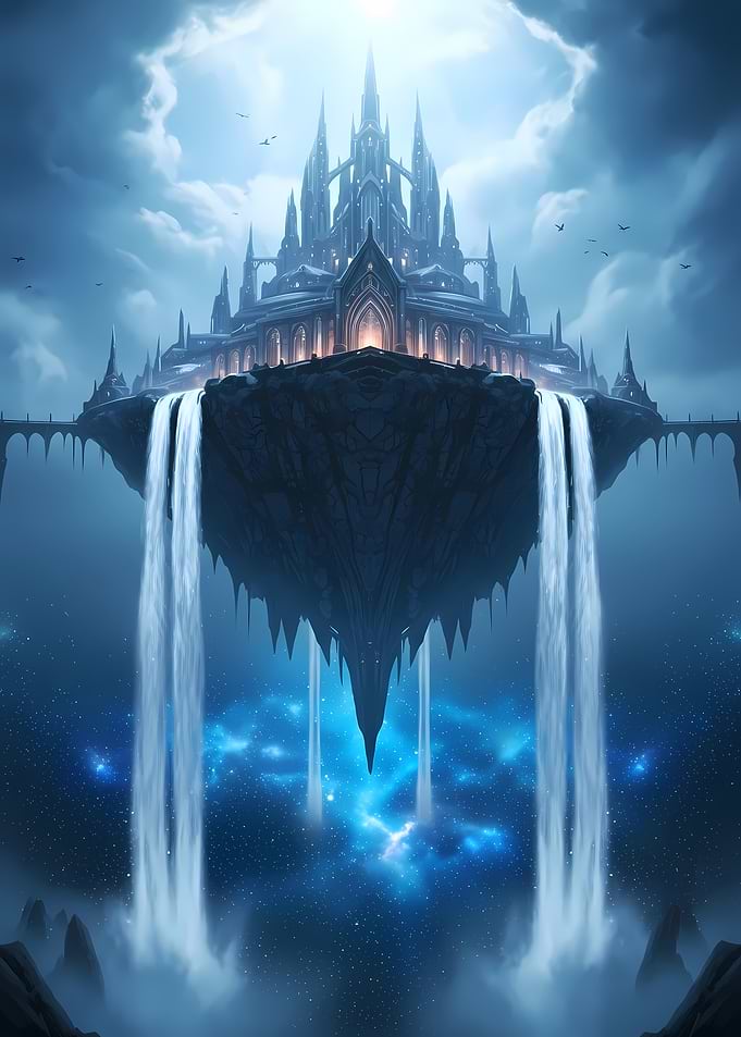 Floating Castle Waterfalls in a Nebula Sky