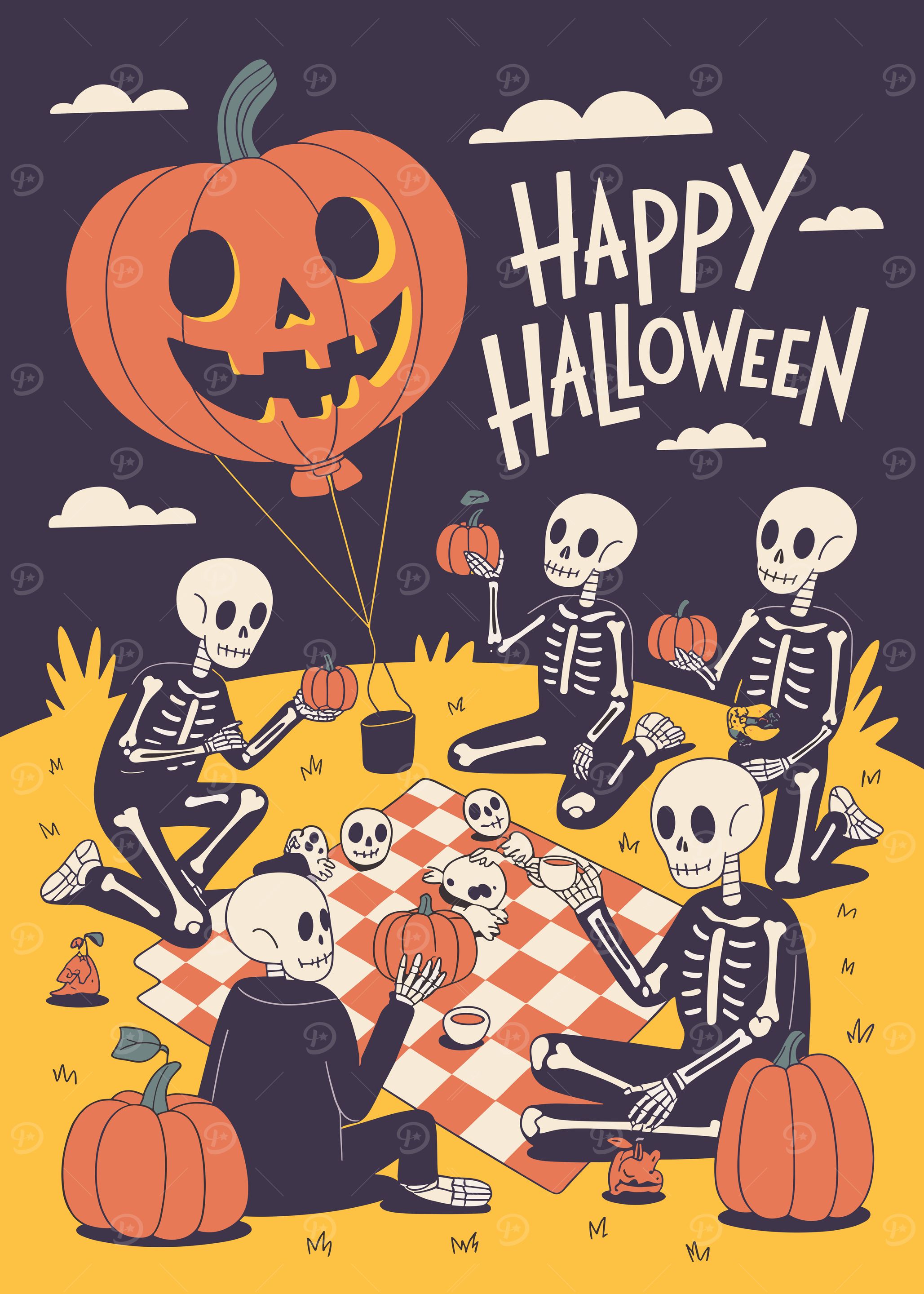Halloween Picnic with Skeletons and Pumpkins