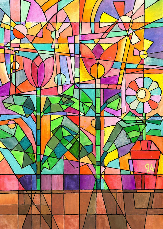 Abstract Floral Stained Glass Art - vibrant flowers in lights and color