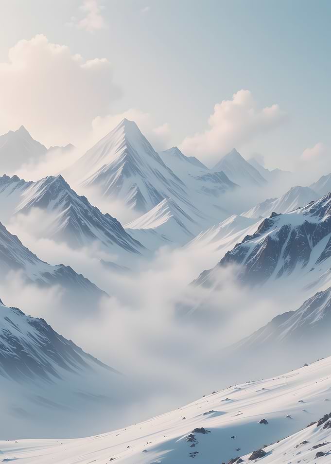 Snowy Mountain Range with Fog