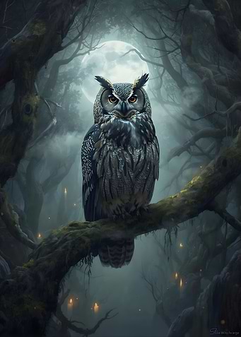 Horned Owl Perched on Branch in Moonlight
