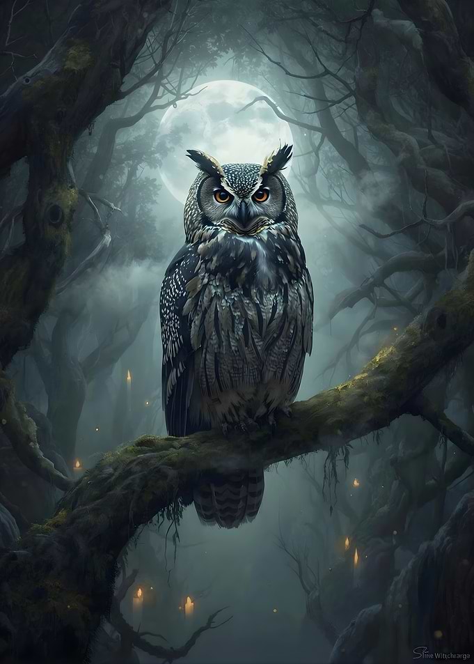 Horned Owl Perched on Branch in Moonlight
