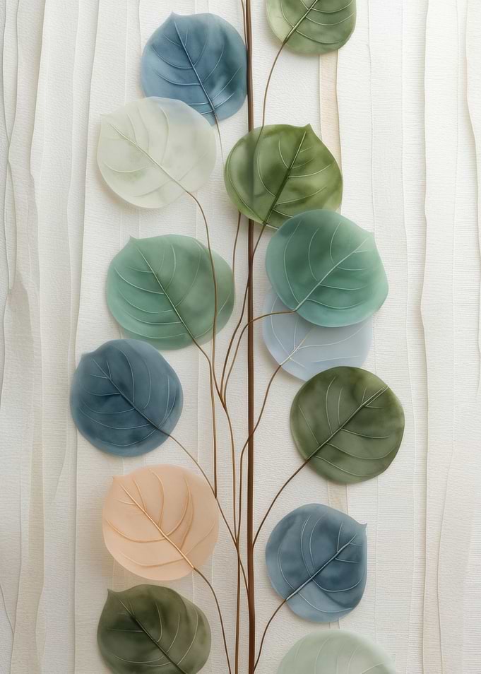Pastel Leaf Arrangement on White Fabric