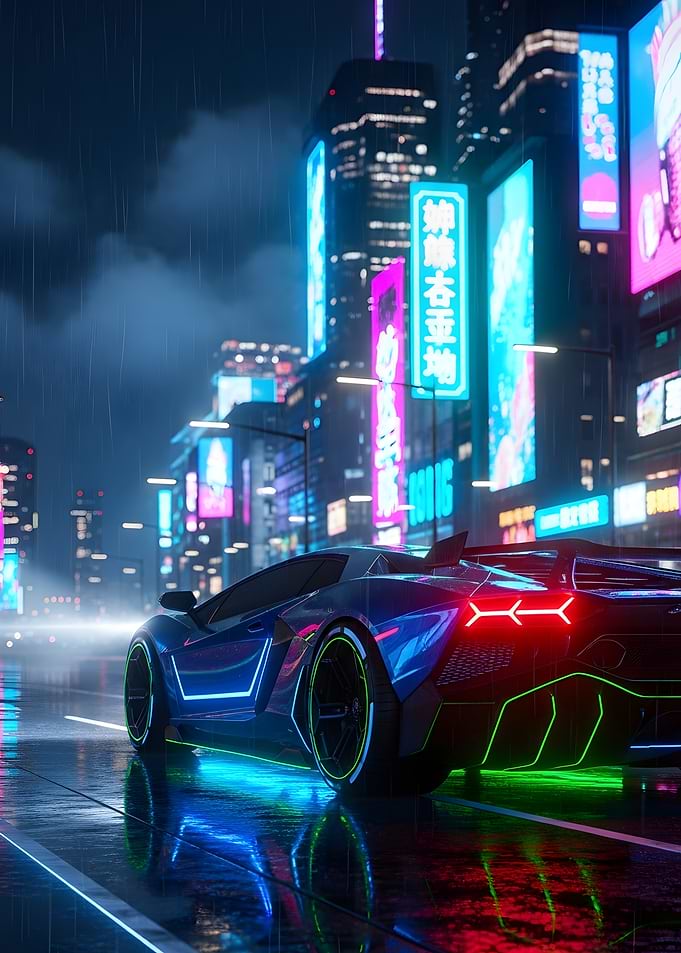 Cyberpunk Car in Rainy Cityscape