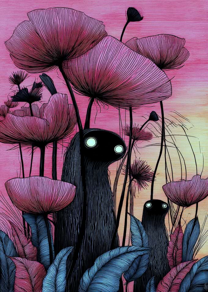Mystical Creatures in a Floral Landscape