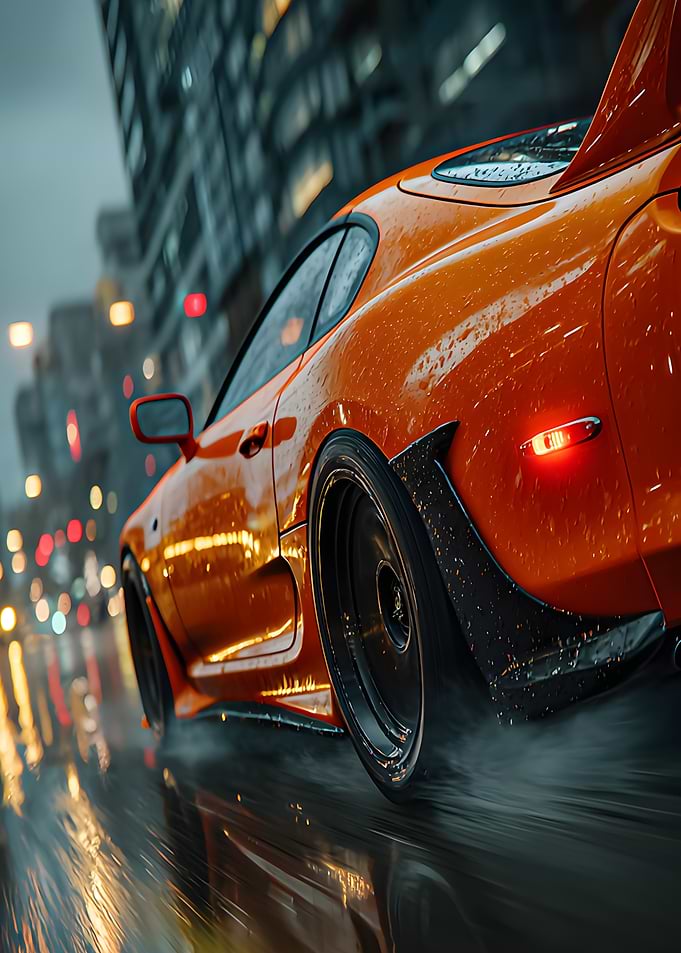 Orange Sports Car in Rainy Cityscape