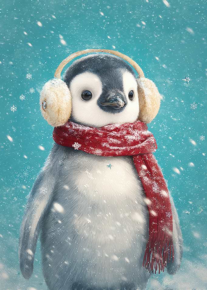 Winter Penguin with Earmuffs and Scarf