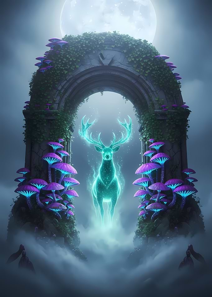 Glowing Deer in Moonlit Archway with Purple Mushrooms and Foggy Night Sky