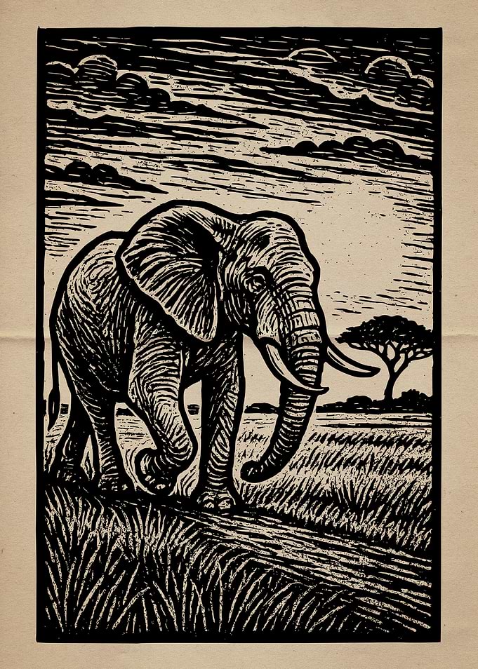 Elephant Linocut Print Vintage Art