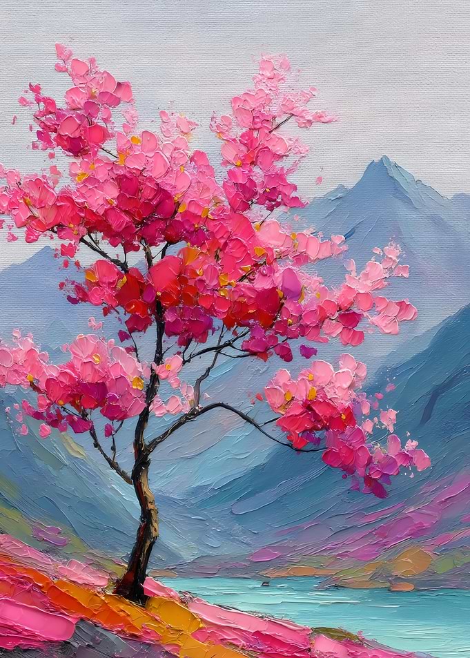 Bloom of Serenity – Pink Tree by the Lake