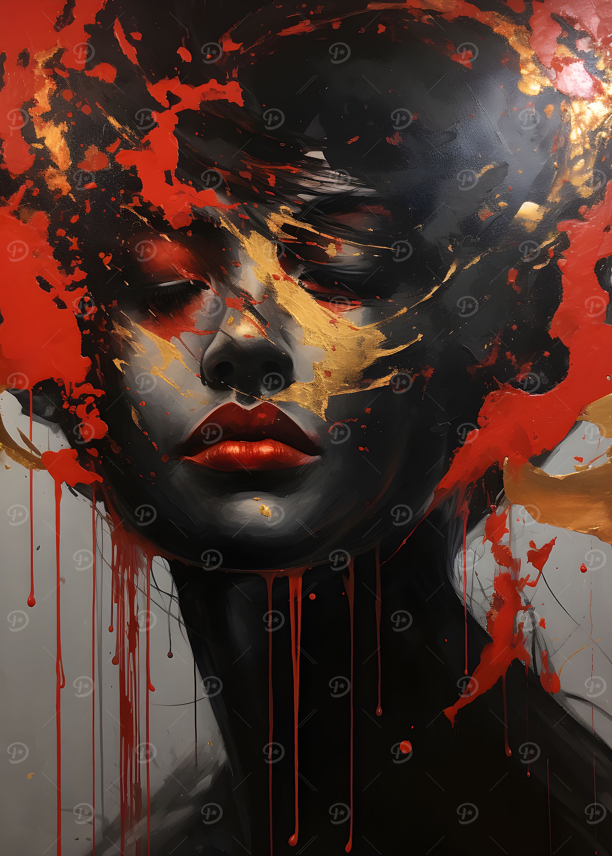 Abstract Portrait with Red and Gold Accents