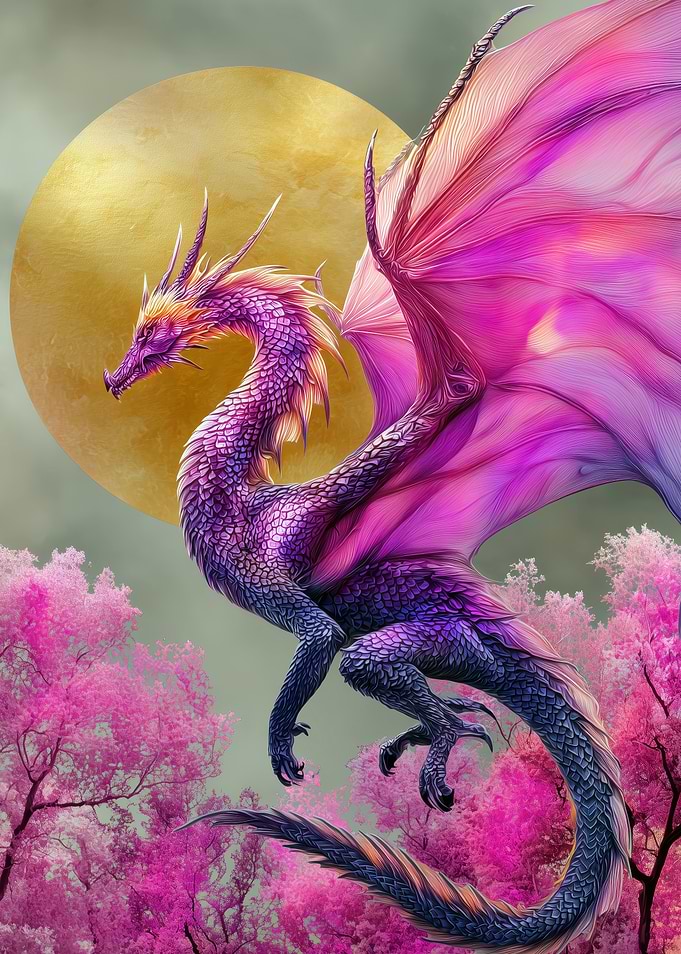 Dragon with Pink Wings and Cherry Blossoms