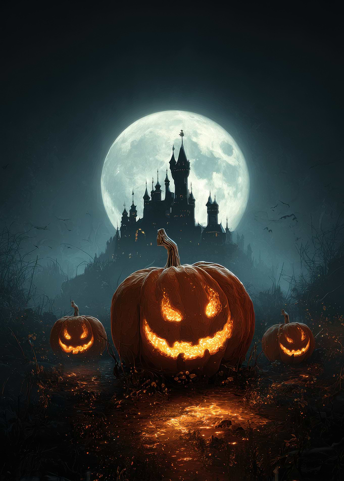 Halloween Pumpkins with Castle and Moon