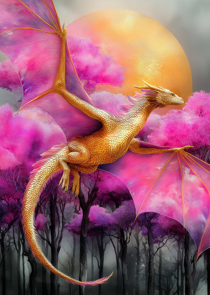 Golden Dragon in Pink Forest